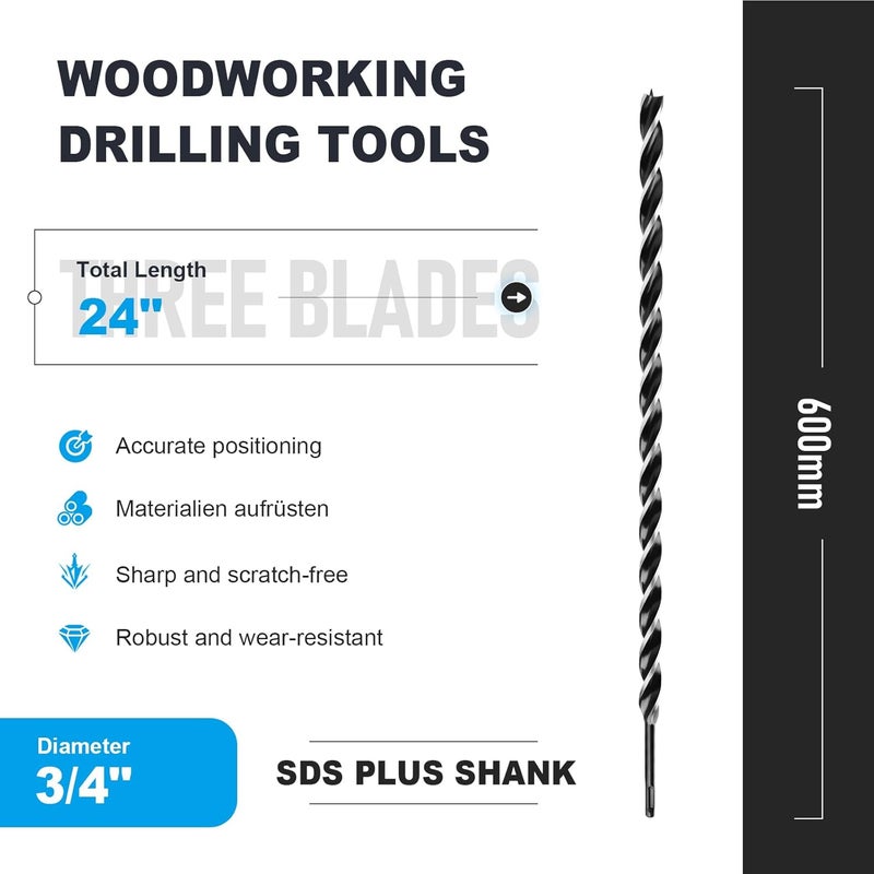 WOBLLMX 3/4" x 24" Auger Drill Bit with SDS Plus Shank for Wood,Tri Flute Ship Auger Long Drill Bit for Soft and Hard Wood,Tree Stump,Plastic,Drywall and Composite Materials - Image 2